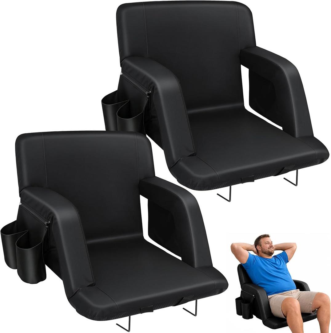 Stadium Seats with Back Support, 2 Pack 2.6'' Thick Bleacher Chairs with Back and Cushion, 6 Reclining Bleacher Seat, Folding Stadium Chairs with Armrests, Hook, Cupholder for Outdoor Sport Concert