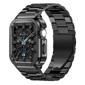 MioHHR Stainless Steel Band and Case Compatible with Apple Watch Band 45mm, Men Metal Protective Bumper Cover for iWatch Series 9/8/7, Black