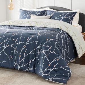 Bedsure Full Size Comforter Sets - Bed in a Bag Full 7 Pieces Reversible Navy Blue Flroal Bed Set Tree Branch Pattern Printed with Comforters, Sheets, Pillowcases & Shams