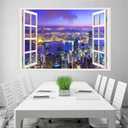 Self-Adhesive Wall Sticker Romantic Living Room Bedroom Study Office Decorative Wall Sticker Ocean Scenery Fake Window Sticker Mural (36"48", City Night)