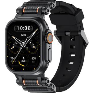 TAURI Designed for Apple Watch Band for Apple Watch Ultra 2/ Ultra 49mm [Liquid Silicone + Stainless Steel Metal Connector Band] for Series 10/9/8/7/6/SE/5/4 46mm/45mm/44mm Men, All Black