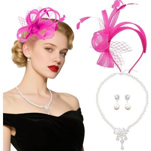 Fascinators Headband with Feather, Women's Tea Party Hat for Derby,Weddings, Cocktail, Bridal Showers (Pink)