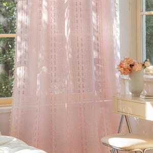 Deeprove Blush Pink Boho Curtain 84 inches Long for Living Room Bedroom, Vintage Bohemian Sheer Cotton Linen 84 inch Floor Length 7 FT Striped Embroidery Privacy Window Tassel W52 x L84, 1 Panel