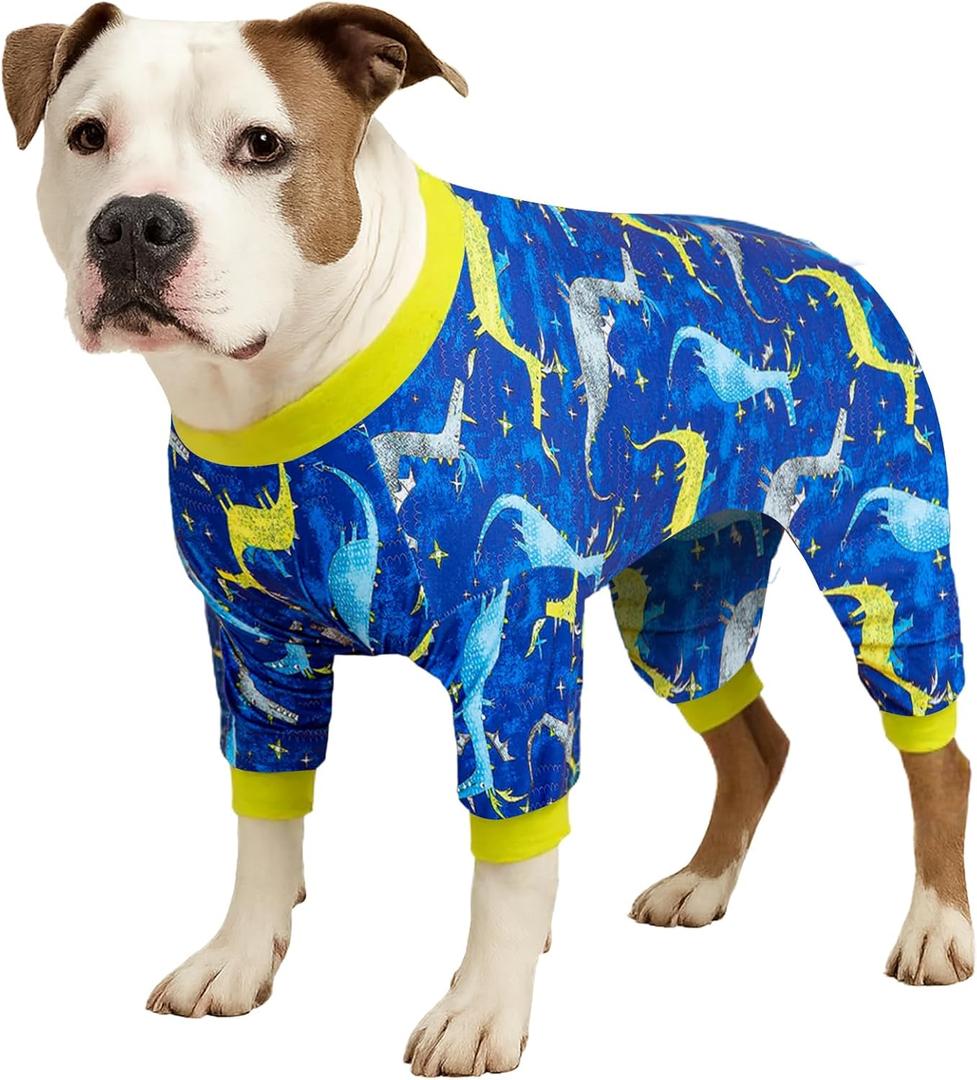 LovinPet Large Dog Pj - Pet Anxiety Calming Shirt, Dog Jammies for After Surgery, Lightweight Fabric, Blue Dragon Print, Pitbull Clothes, Long-Sleeved 4 Leg Style Pullover Dog Onesie, Dark Blue XL (Red)