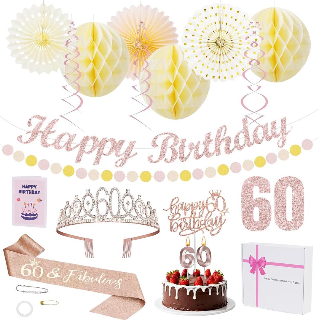 60th Birthday Decorations Set for Women - Queen Crown, Sash, Card, Cake Topper & Candles, Rose Gold Happy Banner with Paper Honeycomb, Poms Fan, Streamers,Gift Kit – 60 & Fabulous Milestone Party
