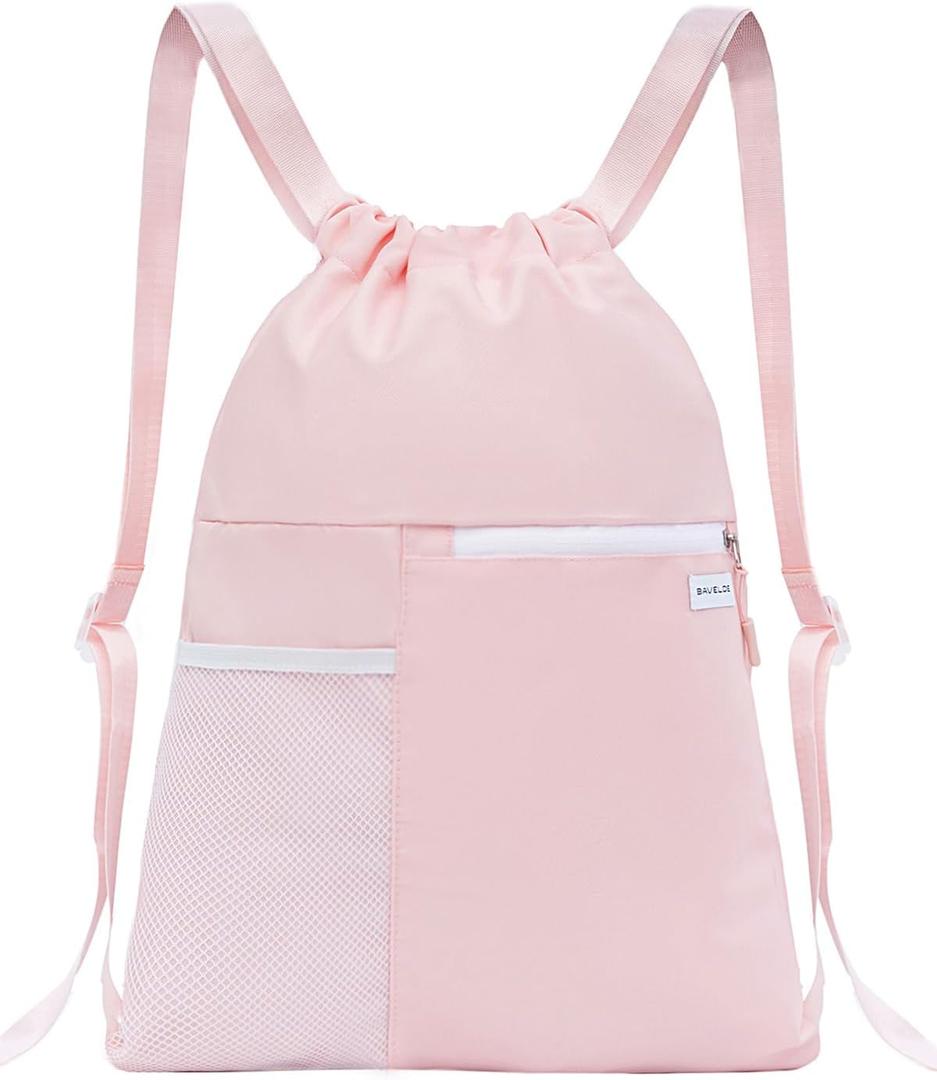 BAVELOE Drawstring Backpack with Mesh Pocket Water Resistant String Beach Swim Sports Gym for Women Men (Pink)