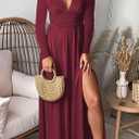 Yuopeid Women's Sexy Deep V Neck Solid Color Pleated High Waist Slit Club Party Evening Long Maxi Dress, Red, Large