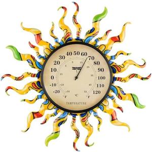 Sun Thermometer 13'' Wall-Mounted Outdoor Indoor Thermometer Muticolor Mexican Bold Color Decor Outside Temperature Gauges Hanging Wall Art Sculpture for Greenhouse Garden Patio Lanai Room Fence