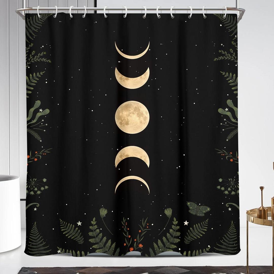 Coxila Moon Phase Shower Curtain Extra Long Moonlit Celestial with Red Floral Leaves Plants Goth Gothic Witch Witchy Mysticism Design Bathroom 72 x 84 Inch Polyester Fabric 12 Pack Hooks