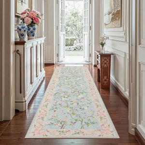 jinchan Floraison Floral Runners for Hallways 3x8 Soft Washable Runner Rug Non Slip Indoor Low Pile Chinoiserie Neutral Botanical Long Mat for Entryway Bedroom Kitchen Laundry Blue/Pink