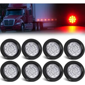 8Pcs 2.5" Red Round 13 LED Side Marker Lights Clearance Lights with Clear Lens, Light Grommet and 2-prong Wire Pigtail for Trailer Truck RV, Flush Mount, 12V, IP67 Waterproof