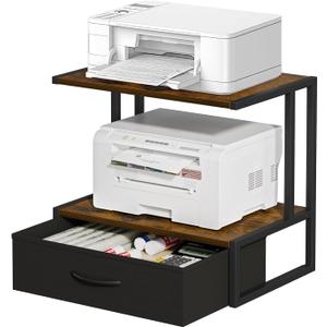 Printer Stand with Storage for Desk, with Fabric Drawer Desktop Printer Stand Shelf Organzier for Home Office, for Above and Under Desk Printer Table, Fax Machine Copier Scanner, Rustic Brown (Brown-Double Rod)