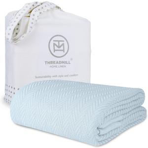 Threadmill Luxury Cotton Blankets for King Size Bed | All-Season Cozy 100% Cotton King Size Blanket | Herringbone Soft Fall Thermal Blanket fits Cal King Size Bed | Light Blue (King (106" x 92"))