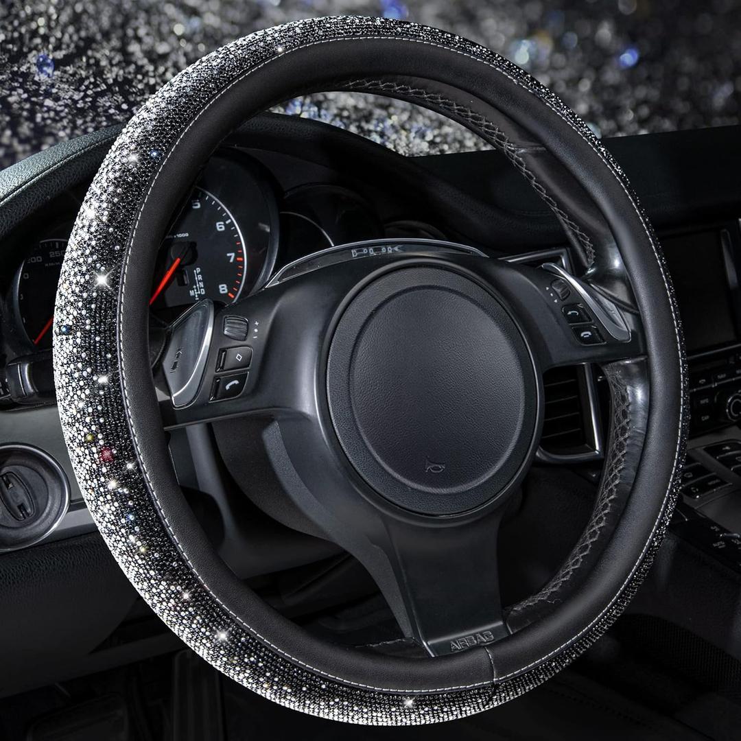 CAR PASS Bling Diamond Leather Steering Wheel Cover, Bling Sparkly Crystal Glitter Rhinestones Universal Fit 14" 1/2-15" Car Wheel Protector for Women Girl Fit Suvs,Vans,Sedans,Trucks, Black Silver CAR PASS Bling Diamond Leather Steering Wheel Cover, Bling Sparkly Crystal Glitter Rhinestones Universal Fit 14" 1/2-15" Car Wheel Protector for Women Girl Fit Suvs,Vans,Sedans,Trucks, Black Silver