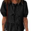 Deer Lady Womens Denim Shirt Bow Tie Front Tops Puff Sleeve Blouses Babydoll Peplum Summer Trendy Crewneck Shirts (Medium, Black)