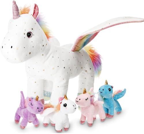 Hollowfly 5 Pcs Fly Unicorns Plush Toy Gift Set 15.7" Mom Unicorns with 4 Cute Babies Stuffed Animal in Zippered Back Nurturing Plushies Toy Set for Kid Adults Birthday Party Favors Gifts