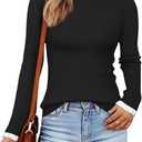 ZESICA Womens Long Sleeve Ruffle Sweaters 2026 Spring Crewneck Color Block Slim Fit Basic Casual Knit Pullover Sweater Tops (Black, L)