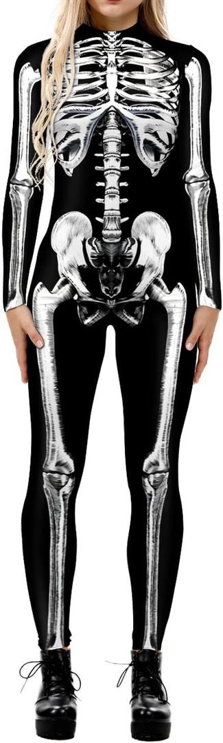 ALBIZIA Women's Skull Skeleton Halloween Costume Jumpsuit Bodysuit Cosplay Bodysuit Outfit (Small-Medium, X177)