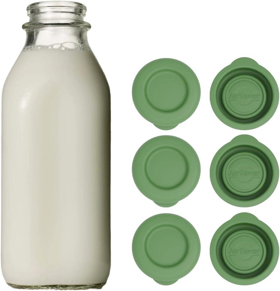 JarSaver Silicone Replacement Caps | 48mm Diameter Bottle Lids That Fit Perfectly Stanpac & Libbey Milk Glass Bottles | Reusable, Long-Lasting and Easy to Clean Bottle Caps (Green, 6 Pack)