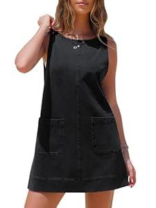 EXLURA Womens Sleeveless Denim Dress Casual Summer Crewneck A Line Overall Mini Dress Jean Jumper Pinafore with Pockets 2025 XS