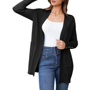 BB&KK Women's Cardigan Sweaters Button Cuff Long Sleeve Knit Open Front Jacket Casual Fall Coat with Pockets (Black, XL)