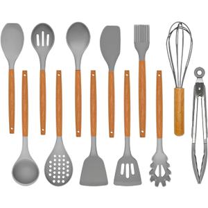 Kitchen Utensils Set - 12 Pcs Silicone Cooking Utensils Set with Wooden Handle - Heat Resistant Non-Stick BPA Free Spatula Set,Turner, Spoon, Brush, Silicone Kitchen Gadgets Utensil Set (Gray)