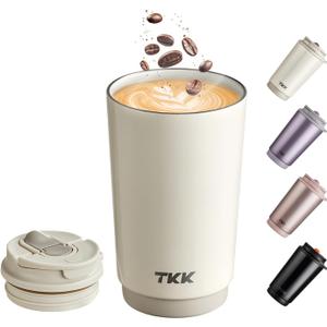 TKK Coffee Cup with Ceramic Coating - 14oz Insulated Stainless Steel Travel Mug, Leak-Proof Tumblers with Straw for Hot/Cold Beverages, Easy Wide Mouth Cleaning, White