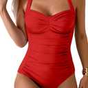 Tummy Control Swimsuits for Women Slimming Halter One Piece Bathing Suit (Small, Red)
