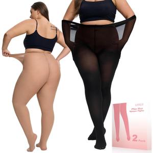 Plus Size Tights for Women, Pair of 2 80D Semi Opaque Tights women, Solid Color Soft High Waist Stockings Size Up to 6XL. (5X-Large-6X-Large, Black/Skin)