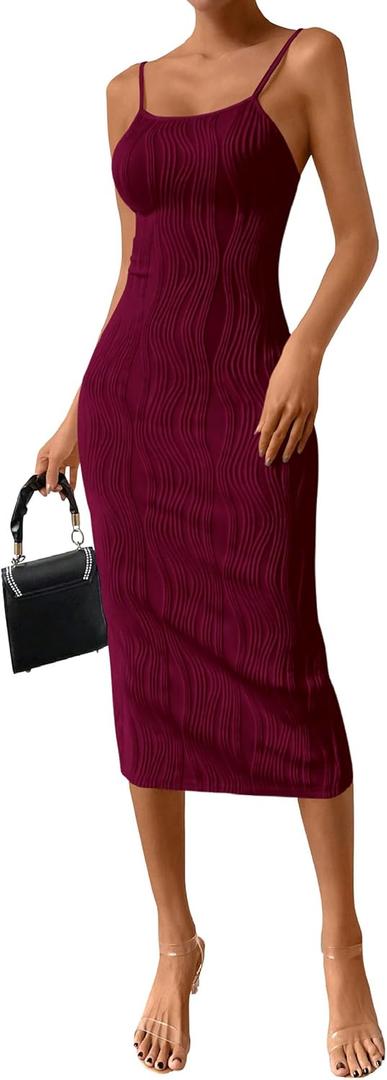 PRETTYGARDEN Women's 2025 Summer Sleeveless Bodycon Dress Textured Back Slit Sexy Cocktail Party Midi Dresses (Large)