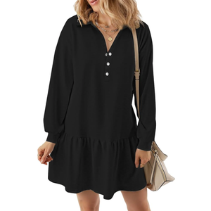 Women's Casual Dresses Long Sleeve Button V Neck Sweatshirt Dress Lapel Collared Pullover Dress, L