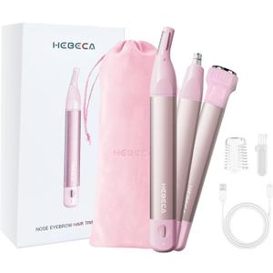 HEBECA Nose Hair Trimmer for Women 3in1 Facial Hair Removal Trimmer - Metal Body, Rechargeable, Waterproof, Portable - Nose, Ear, Eyebrow, Peach-Fuzz, Lips, Chin (Pink)