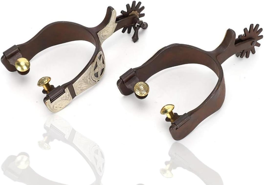 Hapivida Horse Spurs, Antique Brown Western Style Equestrian Training Spurs with Bells, Hand Carved Stainless Steel Design, for Cowboy Boots and Riding Gear