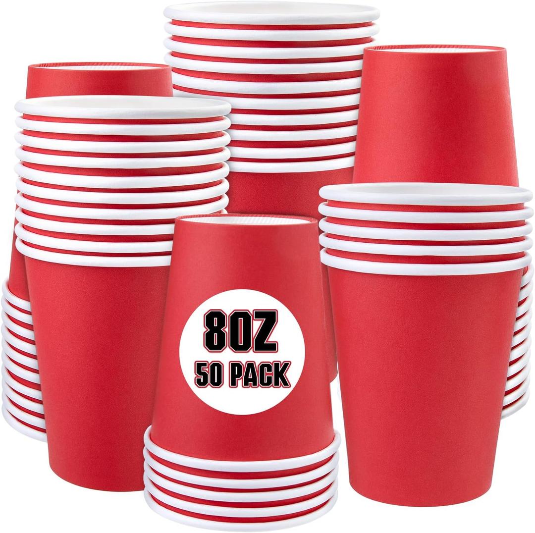 8oz 50 Pack Disposable Paper Cups Red, Disposable Paper Coffee Cups for Home, Picnic, Party Hot and Cold Drinking (Red)