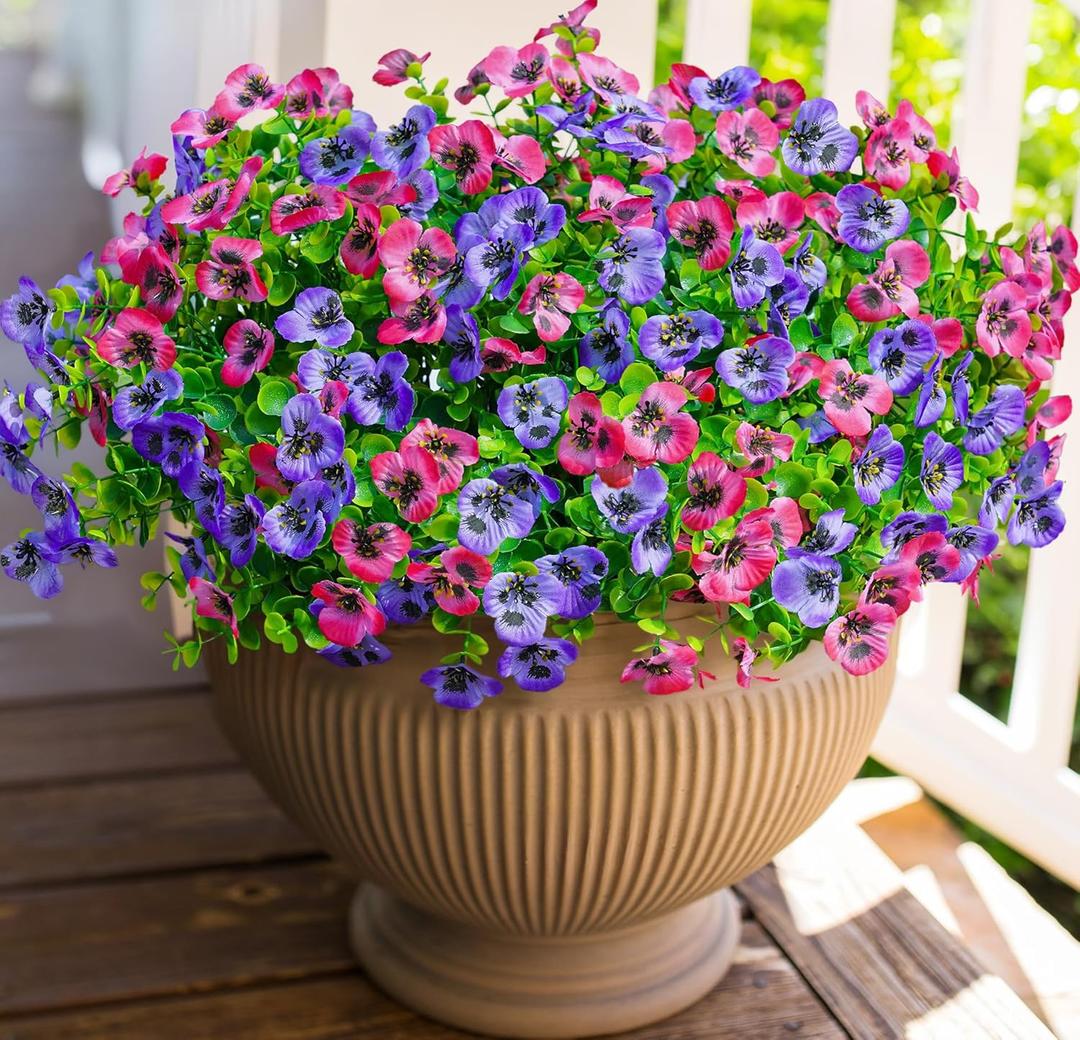 Ivydale Artificial Faux Pansies Plants Flowers for Outdoor Outside Fall Decor, 12 Bundles UV Resistant Look Real Fake Silk Colorful Mums for Home Planter Front Door Porch Patio Decoration (Purplepink)