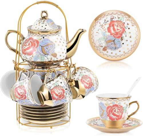 Zhehao 20 Pcs Porcelain Tea Set with Metal Holder and Spoon Adult Ceramic Tea Party Set European Flower Painting Teapot Cup Saucer Spoon Set for Women, Large Version(Romantic Style)