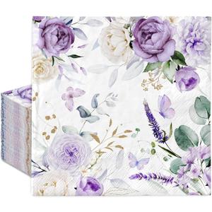 100Pcs Purple Floral Paper Napkins Watercolor Lavender Flower Butterfly Disposable Luncheon Napkins Decorative Dinner Napkin for Spring Home Party Table Decor