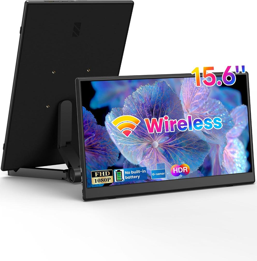 15.6inch Wireless Portable Monitor, FHD 1080P IPS Display USB-C HDMI Travel Monitor with Foldable Stand,G-Sensor & Speakers,Plug&Play,External Monitor for Laptop PC Phone PS4/5 Xbox Switch