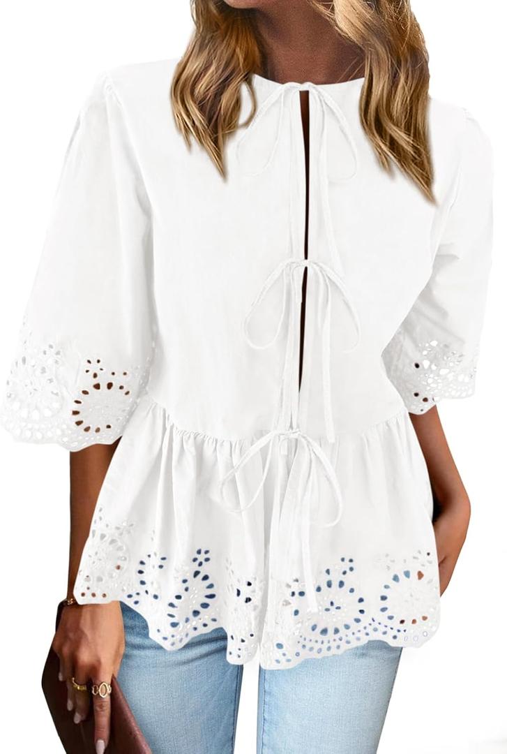 PRETTYGARDEN Tie Front Peplum Tops for Women Summer Y2K Short Sleeve Babydoll Cute Going Out Top Eyelet Blouse Shirt (XX-Large, White)
