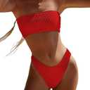 YIMISAN Women's Two Piece Bandeau Swimsuit Ribbed Strapless Tube Bikini Top with Mid Waist Cheeky Bottom Bathing Suit, M