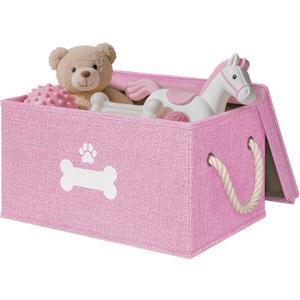 Dog Toy Basket with Lid, Dog Basket for Toys, Dogs Toy Box with Cotton Rope Handles, Collapsible Storage Bins for Pet Toys, Dogs Storage Organizer, Pink (Medium)