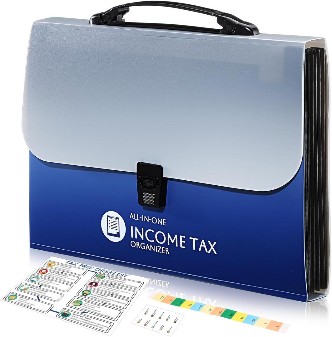 1 Set Tax Record Organizer All in One Income Tax Document Organizer 13 Pockets Expanding File Folder Portable Monthly Paper Bill Receipt Holder A4 Letter Size (Blue)