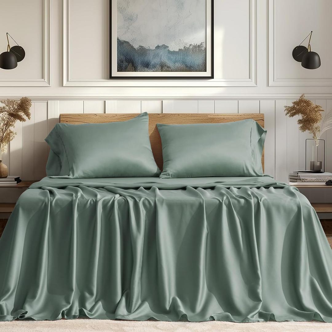 EVERGRACE Tencel Sheet Set Queen Size 4 PiecesSoft Cooling Bed Sheets for Hot Sleepers, Eucalyptus Lyocell Luxury Breathable Bedding Set, 1 Fitted Sheet, 1 Flat Sheet, 2 Shams, Misty Sage Green