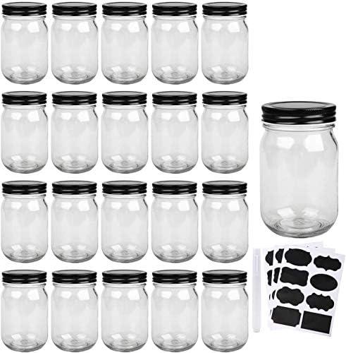 QAPPDA Mason Jars,Glass Jars With Lids 12 oz,Canning Jars For Pickles And Kitchen Storage,Wide Mouth Spice Jars With Black Lids For Honey,Caviar,Herb,Jelly,Jams,Set of 20