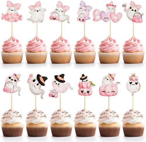 Kolldenn 36 Pcs Pink Halloween Ghost Cupcake Toppers Cute Ghost Cupcake Toppers for Pink Halloween Party Supplies Baby Shower Birthday Party Cake Decorations Supplies