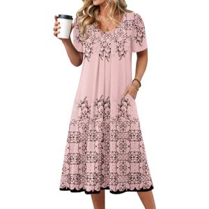 Zeagoo Summer Dress for Women Casual Floral Midi Sundress with Pockets V Neck Pleated Short Sleeve Aline Beach Vacation Dress (Medium, Pink Print-1)