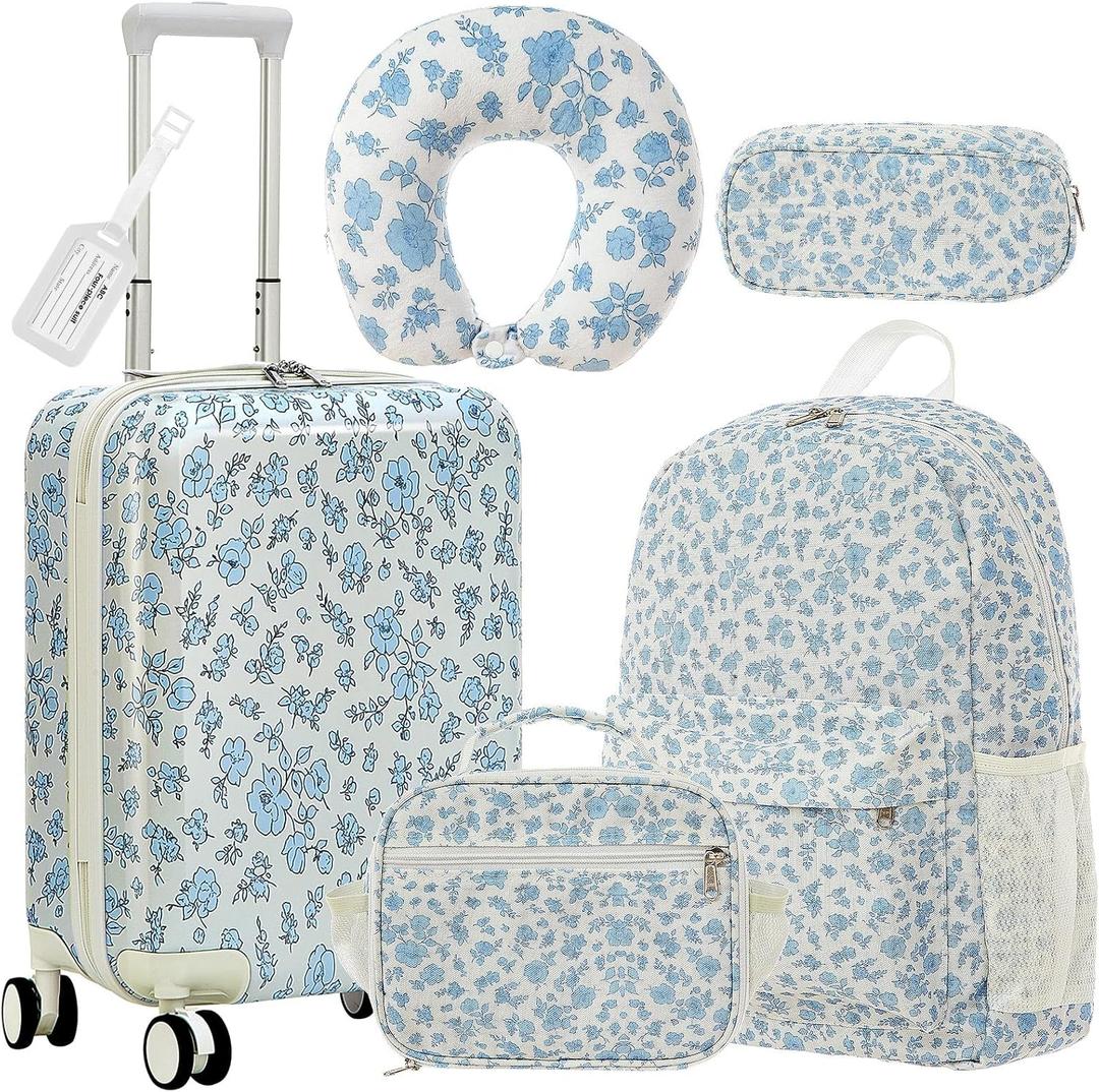 Redbaker 18 Inch 6 Pcs Kids Luggage Set Kids Rolling Luggage Double Pattern Suitcase for Boys Girls Gifts(Light Blue, Flower Style)