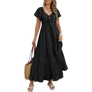 ECOWISH Womens Summer Maxi Dress 2025 Flutter Short Sleeve V Neck Tie Front Wedding Guest Vacation Tiered Flowy Dresses, Medium, Black