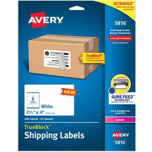 Avery Printable Blank Shipping Labels, 2.5" x 4", White, 200 Labels, Laser Printer, Permanent Adhesive (5816) (One Size)