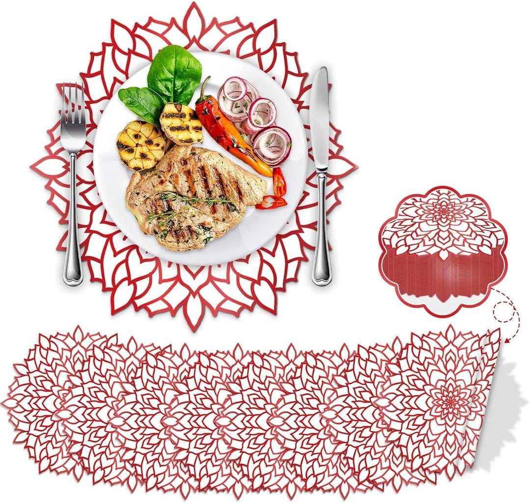 OBUSATT 100PCS Disposable Red Metallic Round Paper Placemats Round Floral Charger Table Mat Table Setting Mat Pressed Paper Round Place Mat for Christmas Wedding Birthday Party Table Decor Supplies